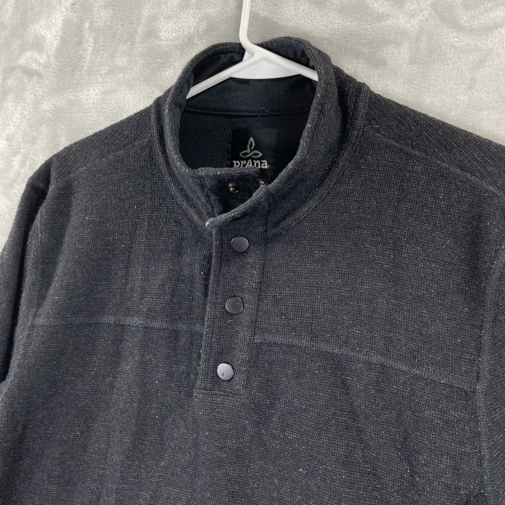 Prana Sweater Mens Large 1/4 Snap Pullover Sweatshirt Wool Blend Black Outdoor